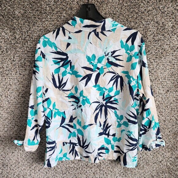 JM Collection Top Womens 16 Floral Print‎ 100% Linen Button Up Teal Collared - Picture 7 of 7